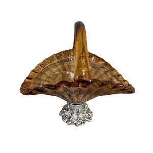 Vintage basket amber art glass‎ swirl silver tone bottom  decor accents  81/4x6"